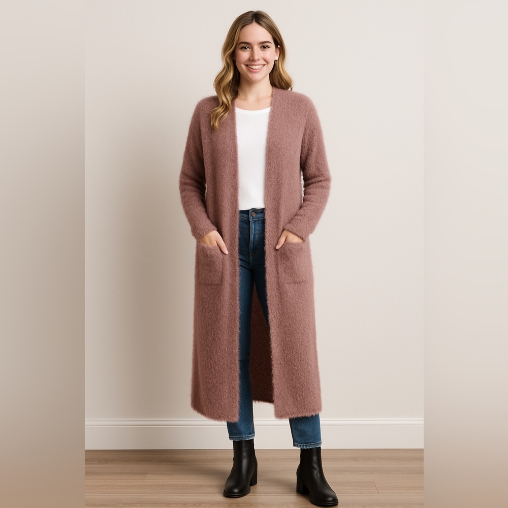 Mustard Seed Long Fuzzy Knit Duster Cardigan Brown with Pockets Size Me